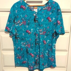 Dr. Seuss Cat In The Hat Short Sleeve V Neck Graphic Scrub Top Blue Size 2XL